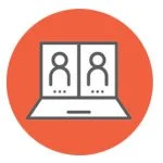 Ekranında iki soyut insan simgesi bulunan ve turuncu bir dairenin önünde duran dizüstü bilgisayar simgesi, çevrimiçi bir iç mimar tasarım oturumunu sergilemek için mükemmel.