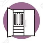 Mor dairesel bir arka plan önünde, online iç mimar dokunuşuyla tasarlanmış, askılı ve çekmeceli açık gardırop çizimi.