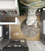 Yatak, yuvarlak halı ve avize bulunan modern bir yatak odasının havadan görünümü. Şık dolaplar kıyafetleri sergiliyor. Pencerenin yanında, iç mimar tasarım ofisinden alınan Basic bir çalışma masası alanı tamamlarken, büyük soyut sanat eserleri bu villadan esinlenen inziva yerini yüceltiyor.