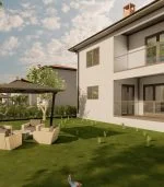 Dış Mekan Görselleştirme Hizmeti, kısmen bulutlu bir gökyüzünün altında, çimenli bir arka bahçeye, gölgelik altında bahçe mobilyalarına, modern iç mimar tasarım öğelerine ve dingin atmosferi artıran yakındaki bir ağaca sahip bir villayı sergiliyor.