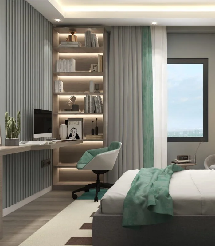 VR360 PAKETİ, bilgisayar, kitaplar ve dekorla dolu açık raflar ve minderli bir sandalye içeren bir çalışma alanına sahip modern bir yatak odası sergiliyor. Yeşil vurgulara sahip bir yatak, bir iç mimarın tarzını andıran alanı geliştiriyor. Oda, daha fazla konfor için şık perdelerle çerçevelenmiş bir pencere ile tamamlanıyor.