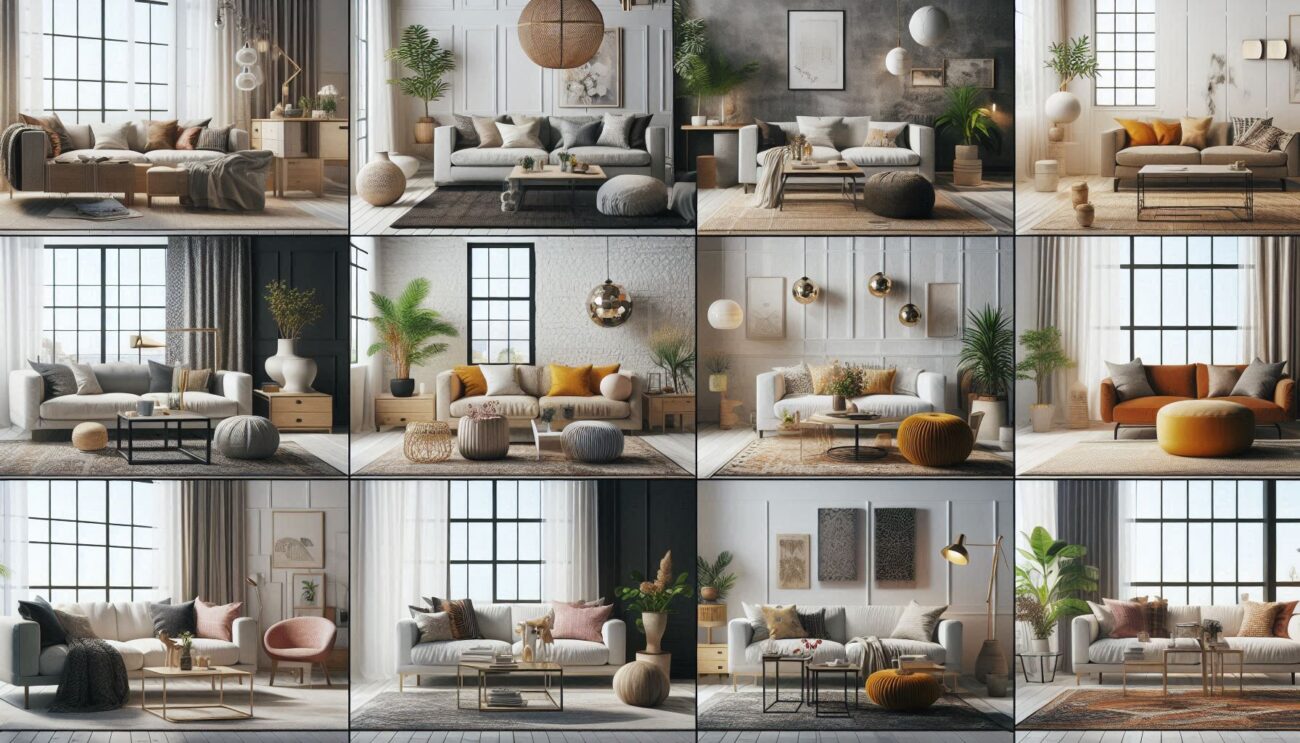 Dokuz farklı oturma odası iç mimari tasarım konsepti: minimalist, modern, klasik, endüstriyel, rustik, bohem, fütüristik, Akdeniz ve İskandinav. Her bir oturma odası, belirgin tarzını yansıtan mobilya, dekorasyon ve renk paleti ile tasarlanmış. Minimalist oda sade ve düzenli, modern oda şık ve sofistike, klasik oda zarif ve detaylı, endüstriyel oda ham ve işlevsel, rustik oda sıcak ve doğal, bohem oda renkli ve eklektik, fütüristik oda yenilikçi ve teknolojik, Akdeniz oda ferah ve deniz esintili, İskandinav oda ise aydınlık ve sade. Her odada doğal ışık ve uygun aydınlatma kullanılmış.